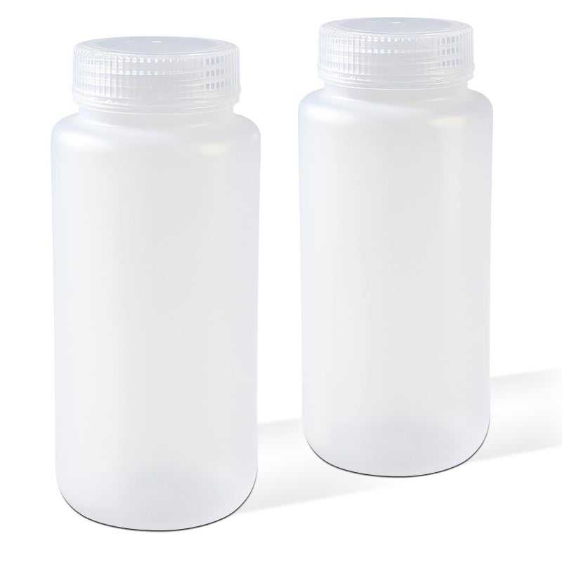 DEMORA 16 oz Plastic Bottles with Lids, Airtight Refillable Wide Mouth Travel Bottles for Toiletries, HDPE Food Grade Plastic Containers for Liquids Pill Water Sample Lab Reagent (Translucent, 2 Pcs) - Image 1